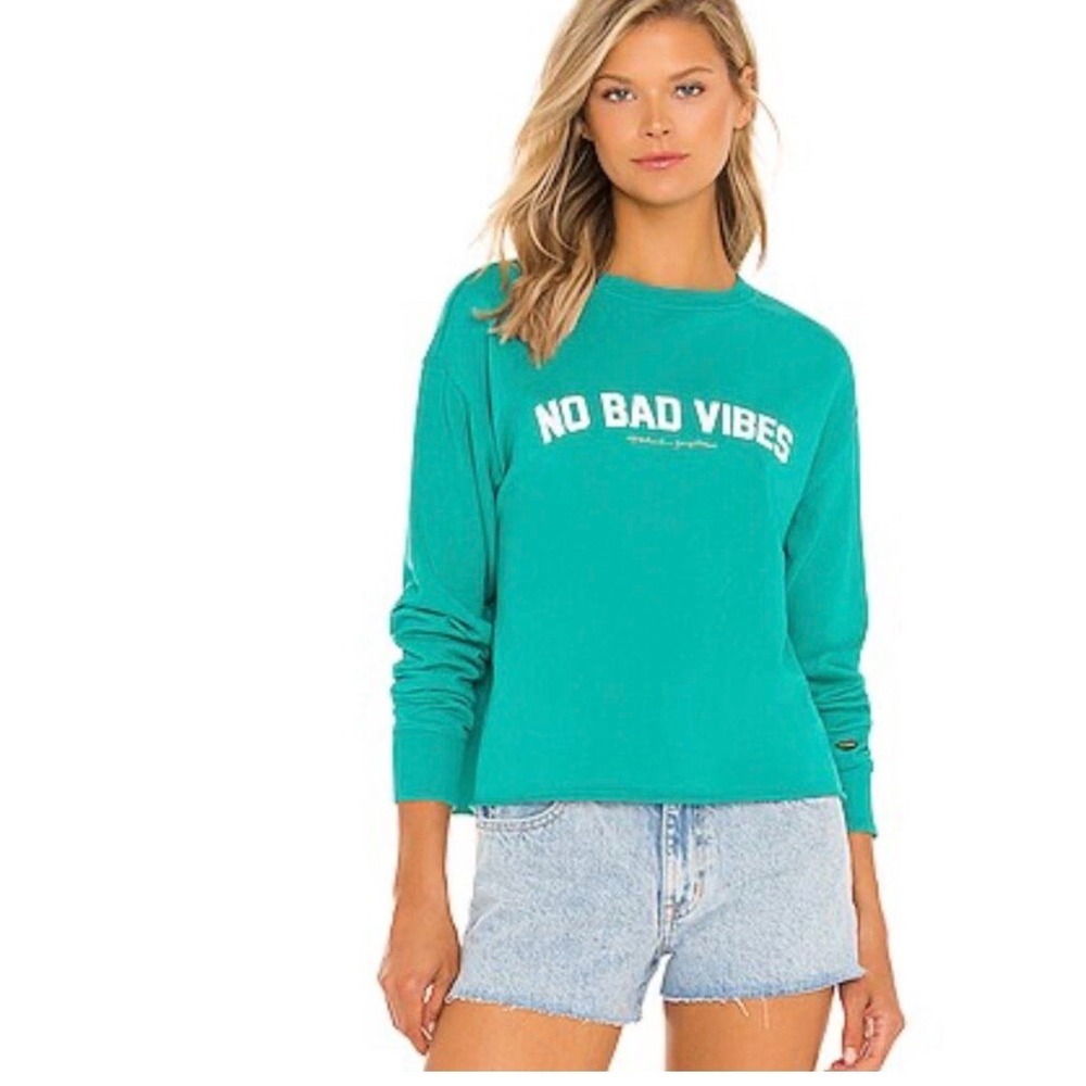 Spiritual Gangster No Bad Vibes Cropped Sweatshirt Teal Rainbow Heart‎ Women's M